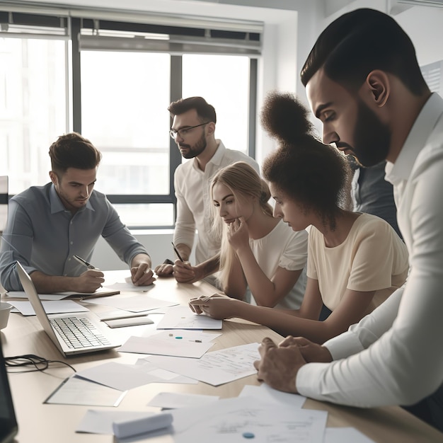 Groep die mensen businessplan in een bureau uitwerkt