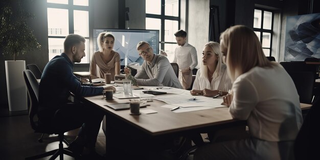 Groep die mensen businessplan in een bureau uitwerkt