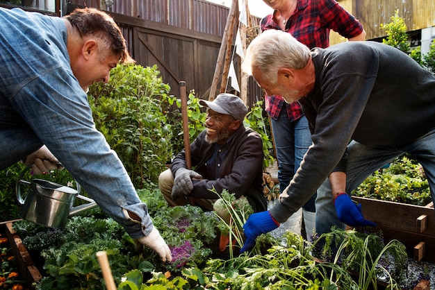 Foto groep die mensen tuinbinnenplaats samen tuinieren