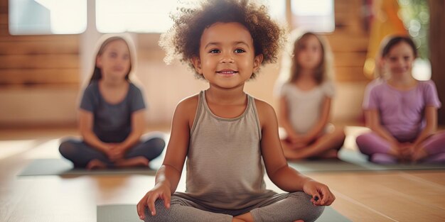 Foto groep diverse kleine meisjes zitten in lotushouding mediteren tijdens sessie in yogastudio meisjes oefenen oefeningen die het kalmeren van de hersenen visualiseren en het bewustzijn en de aandacht vergroten