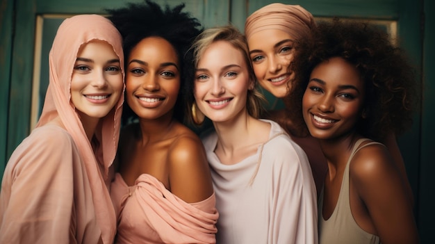 Foto groep diverse multi-etnische vrouwen in hijab die naar de camera kijken en glimlachen