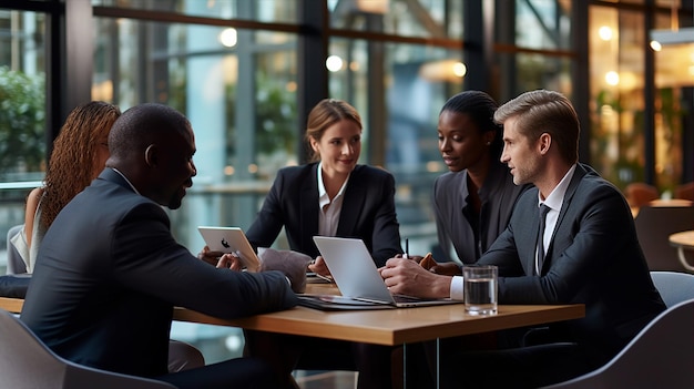 Groep diverse professionals die zich bezighouden met een zakelijke discussie in een goed verlichte moderne ruimte met laptops en tablets