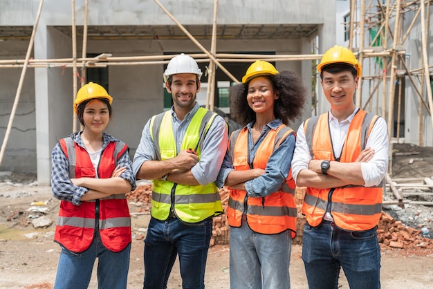 Groep diverse teamwerk civiel ingenieurs die dwars op de arm staan op de bouwplaats van een woonwijk