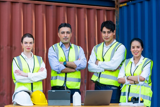 Groep diversiteit fabrieksarbeiders mensen man en vrouw staan voor containers logistiek in magazijn. aziatische en blanke blanke mensen opereren ter plaatse vracht voor logistiek verzendgebied.