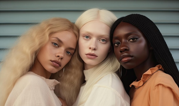 Foto groep donkere huid- en albinovrouwen die samen poseren concepten over schoonheid vriendschap lichaam positiviteit diversiteit generatieve ai