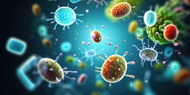 Groep drijvende verschillende soorten microscopische bacteriën of microben voor medische gezondheidstests