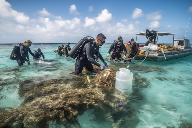 Groep duikers die afval en plastic uit de zee verzamelen