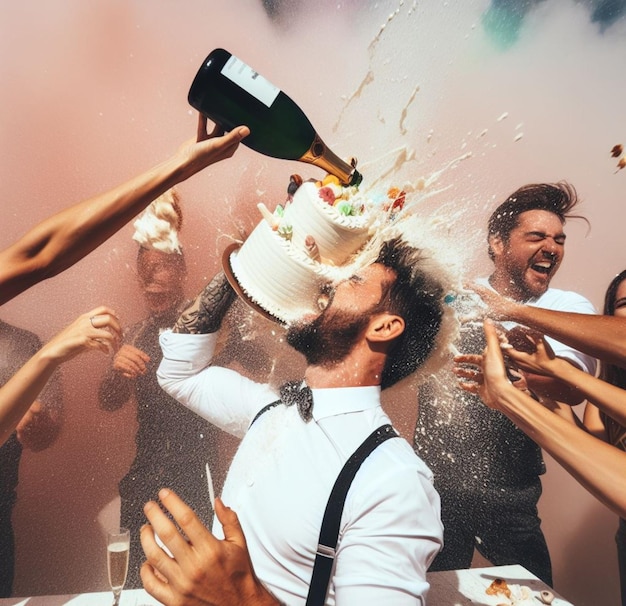 Foto groep elegante mensen vieren verjaardag in de club gooien taart splash wijn wild feest dansen schreeuwen lachen