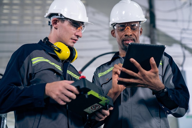 Foto groep fabrieksarbeiders die bedreven machineapparatuur gebruiken in een werkplaats