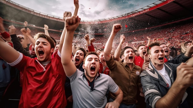 Groep Fans voetbal viert het succes van hun favoriete sportteam op de tribunes van het professionele stadion Generative Ai