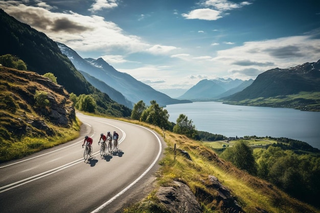 Groep fietsers op een weg met bergen op de achtergrond