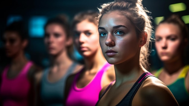 Groep fitnessmeisje 20 jaar oud tijdens een groepsfitnessles in de sportschool met Generative AI