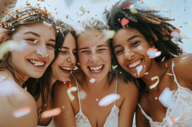 Foto groep foto's van jonge vrouwen die hun vriendin's aanstaande huwelijksfeest vieren.