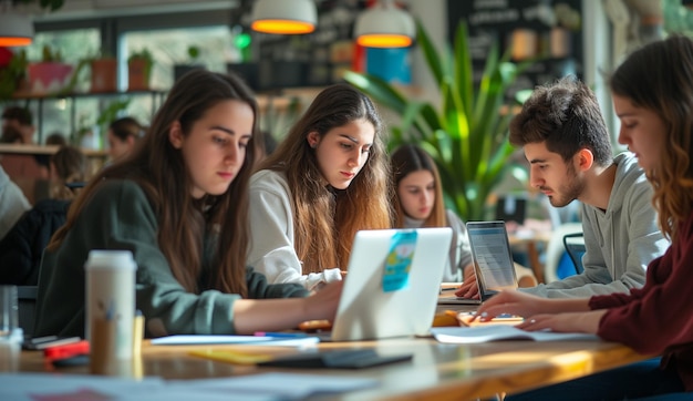 Groep gefocuste studenten die samen studeren in een levendige café-omgeving met laptops en notities