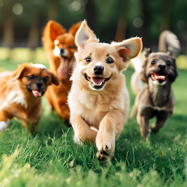 groep gelukkige honden die in het park rennen