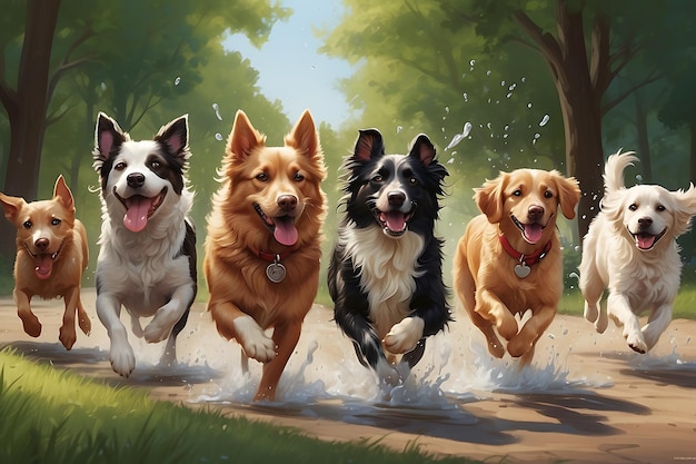 groep gelukkige honden die in het water spelen