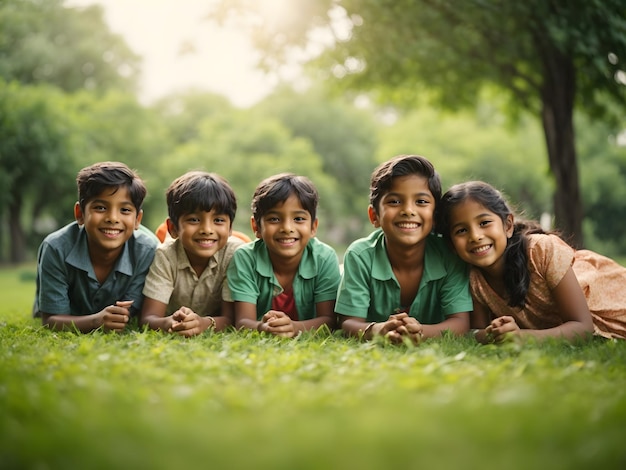 Groep gelukkige Indiase kinderen liggend op groen gras buiten in het park Speelse Aziatische kinderen in de tuin