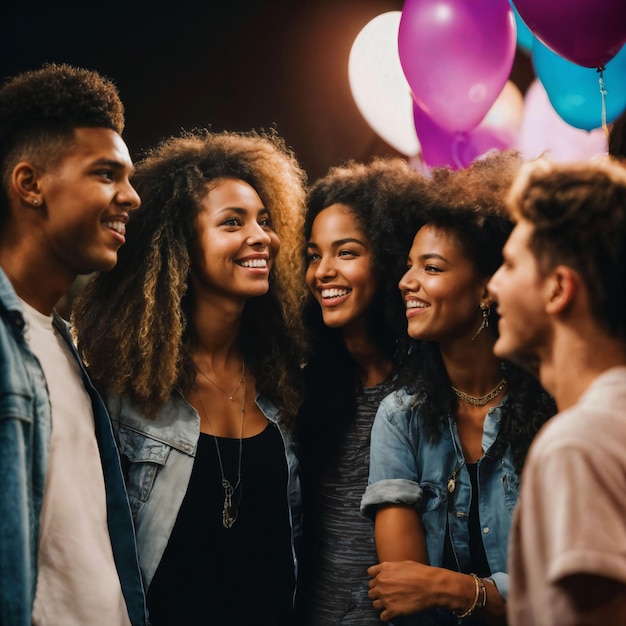 groep gelukkige jonge tieners op het nachtfeest generatieve AI