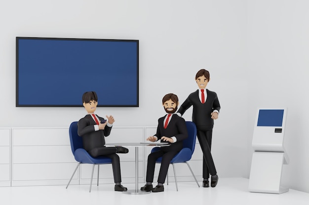 Foto groep gelukkige jonge zakenlieden en zakenvrouw ontspannende vergadering werken in kantoor 3d-rendering