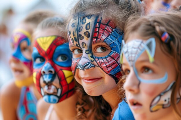 Foto groep gelukkige kinderen met kleurrijke gezichtsschilderijen van superhelden en dieren op een evenement in de open lucht