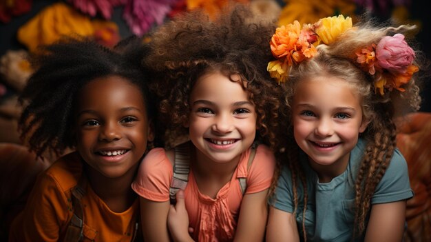 groep gelukkige lachende kinderen met kleurrijk kapsel in de studio