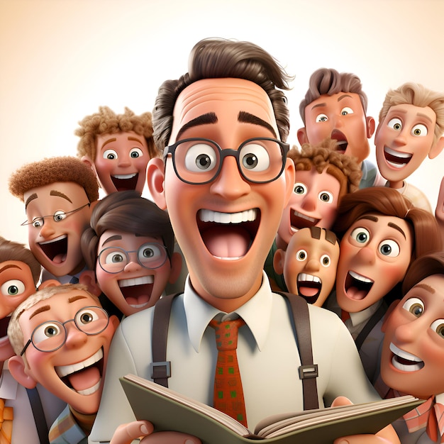 Groep gelukkige mensen met een bril en boeken op een witte achtergrond 3D-rendering.