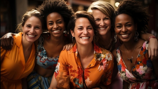 Groep gelukkige multiraciale vrouwen die elkaar knuffelen tijdens een ontmoeting met vrienden Vrolijke dames die samen van een feestje genieten