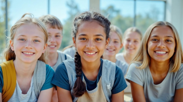 Groep gelukkige schoolkinderen die samen glimlachen