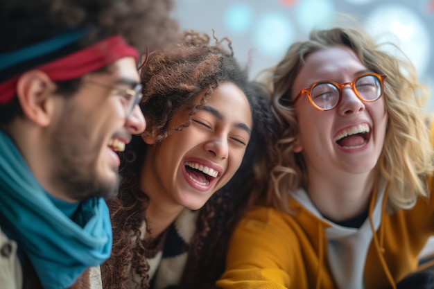 Foto groep gelukkige vrienden die lachen om een grappige grap van een klasgenoot.