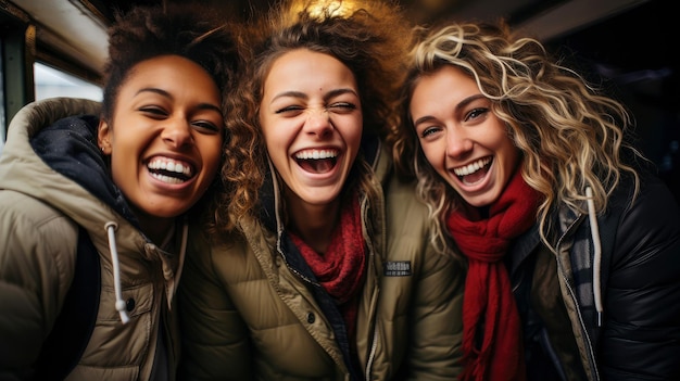 Foto groep gelukkige vrienden en lachende toeristische reizigers die een goede en positieve stemming delen