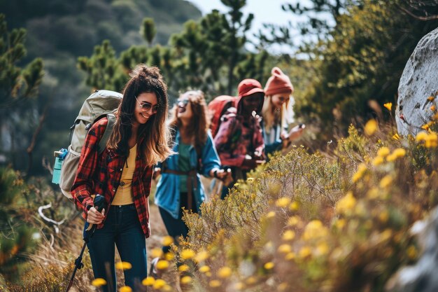 Foto groep gelukkige vrienden met rugzakken wandelen ai gegenereerd