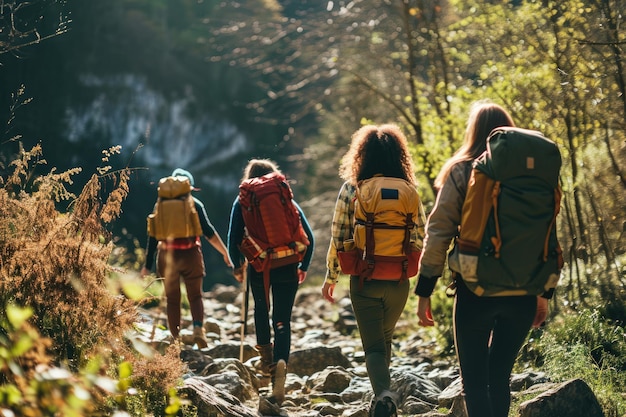 Foto groep gelukkige vrienden met rugzakken wandelen ai gegenereerd