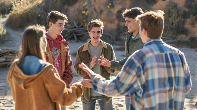 Groep gelukkige vrienden praten en lachen samen op het strand