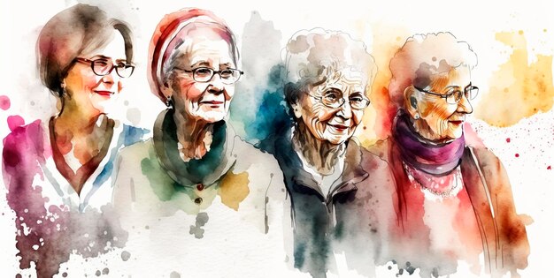 Groep gelukkige vrouwen oud voor Internationale Vrouwendag aquarelstijl tekening Generative Ai