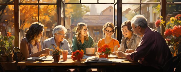 Foto groep gepensioneerden bijeenkomen voor een boekenclub behang