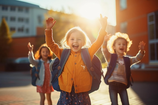 groep glimlachend school klein kind vrolijk trekt handen omhoog buiten in de buurt van schoolconcept ai