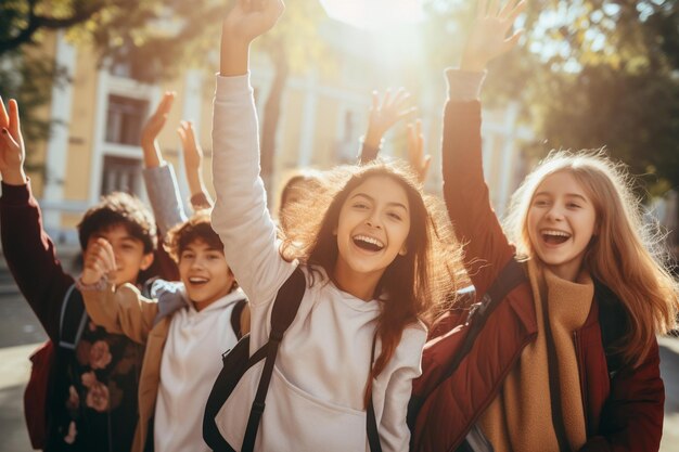 groep glimlachend school klein kind vrolijk trekt handen omhoog buiten in de buurt van schoolconcept ai