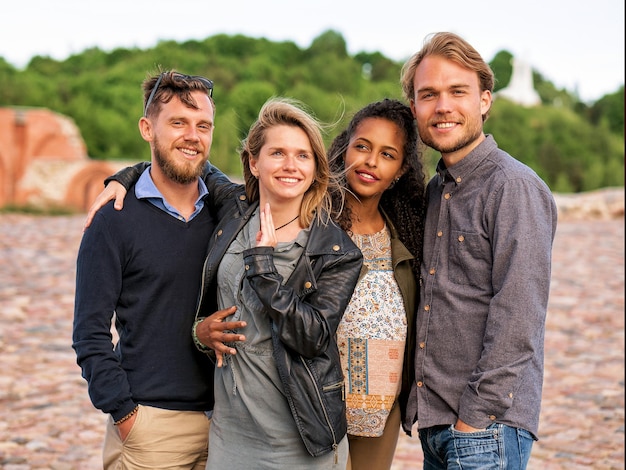 Groep glimlachende jonge multiraciale vrienden die dicht bij elkaar staan als een saamhorigheids- en vriendschapsconcept