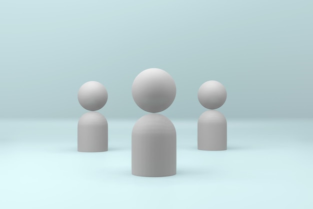Groep grijze menselijke figuren met pijlen symbool van sociale afstand op een zachte blauwe achtergrond 3D-rendering illustratie