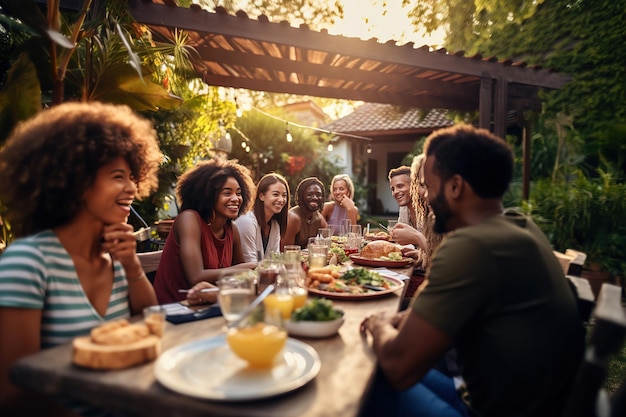 Groep grote gezinnen die plezier hebben, met elkaar communiceren en buiten eten. Familie en vrienden verzamelen zich buiten hun huis op een warme zomer avond.