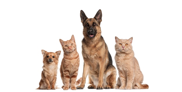 Groep honden en katten die voor een witte achtergrond zitten