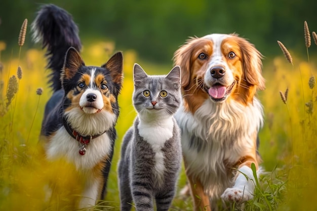 Groep honden en katten die zich op gebied van gele bloemen bevinden Generatieve AI