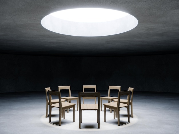 Groep houten stoelen in de donkere kamer concrete ruimte 3D-rendering