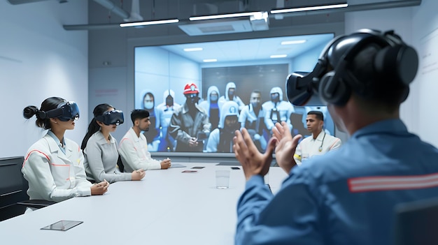 Foto groep ingenieurs met virtual reality headsets die rond een tafel zitten en een project bespreken