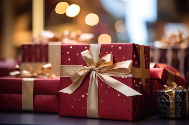 Groep ingepakte cadeautjes op tafel klaar voor viering Close-up detail van cadeauverpakte dozen in verschillende maten in een winkelwagentje AI gegenereerd