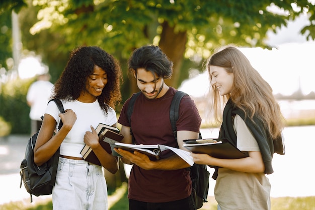 Groep internationale studenten die samen in het park aan de universiteit staan. Afrikaanse en blanke meisjes en Indiase jongen die buiten praten