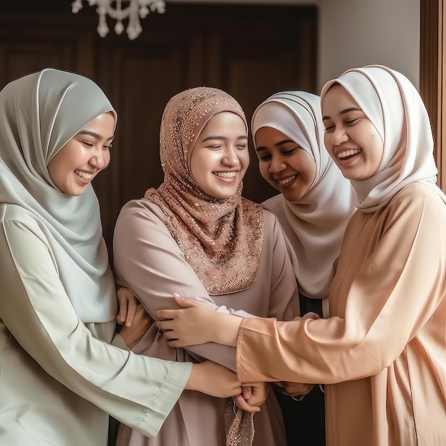 Groep islamitische aziatische vrouwen glimlachen en groeten elkaar omhelzen tijdens eid viering