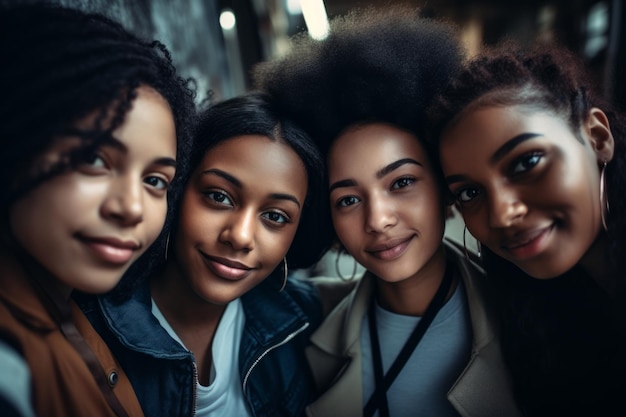 Groep jonge Afro-Amerikaanse meisjes in casual kleding poseren in de stad Ai gegenereerd