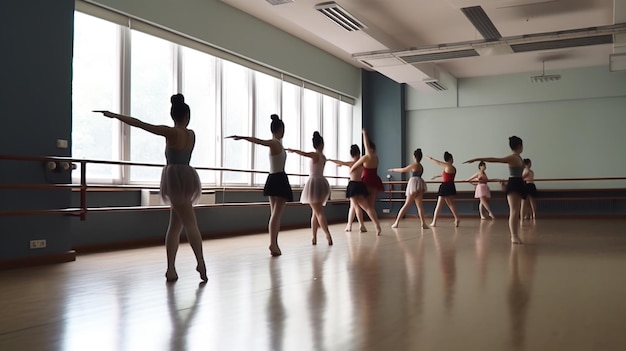 Groep jonge ballerina's die een gechoreografeerd ballet uitvoeren terwijl ze samen de Generative ai trainen