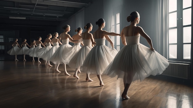 Groep jonge ballerina's die een gechoreografeerd ballet uitvoeren terwijl ze samen de Generative ai trainen